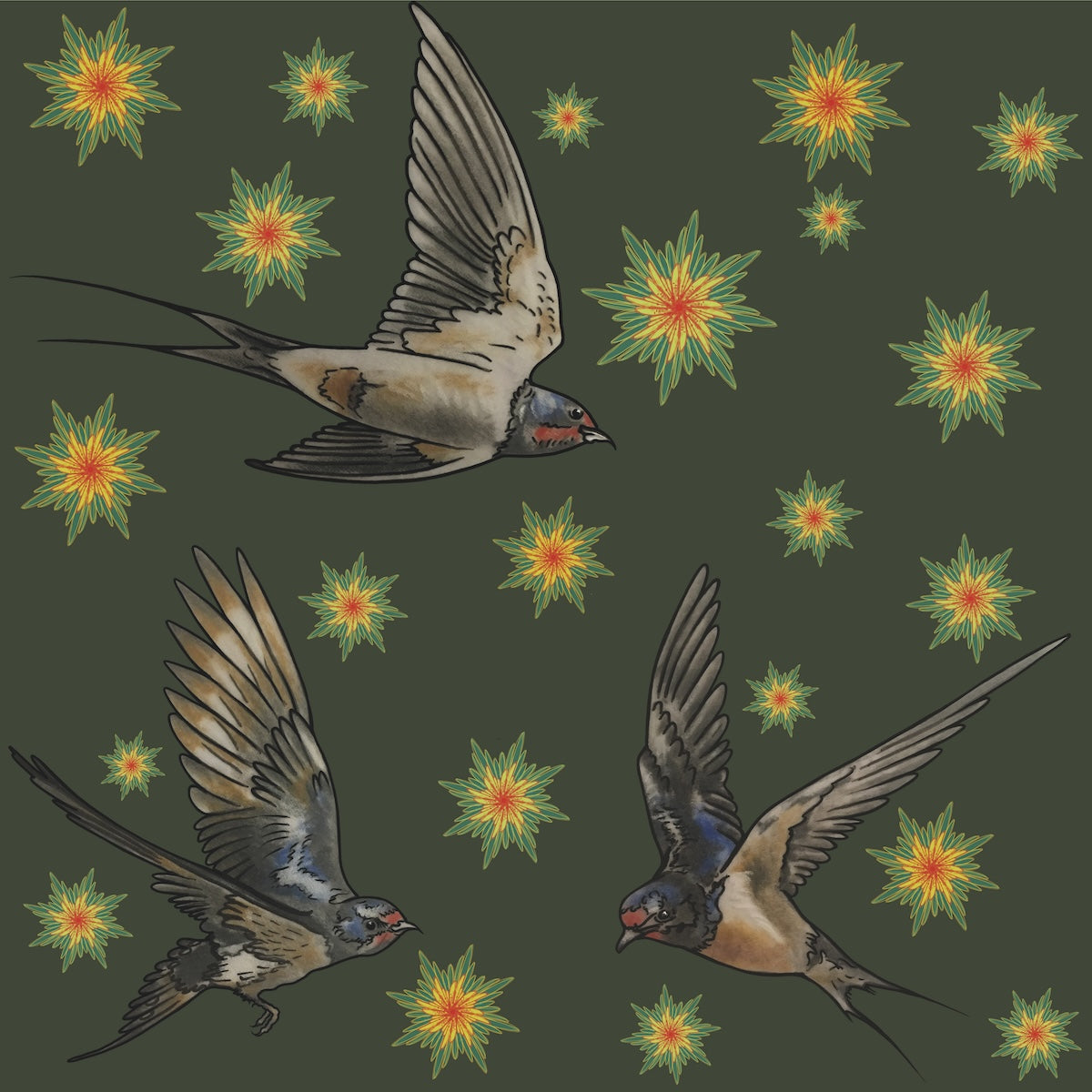 SWALLOWS AND STARS FABRIC