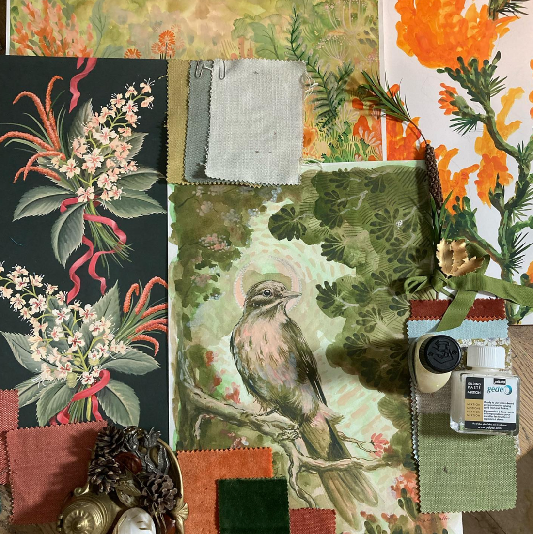 Kate Walton Collections, mood board, chestnut flower, thrush bird, plant a tree, small business, wallpaper designer, wallpaper design, premium wallpaper.