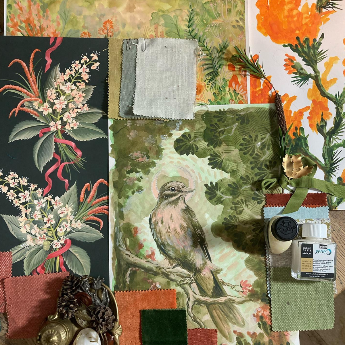 Kate Walton Collections, mood board, chestnut flower, thrush bird, plant a tree, small business, wallpaper designer, wallpaper design, premium wallpaper.