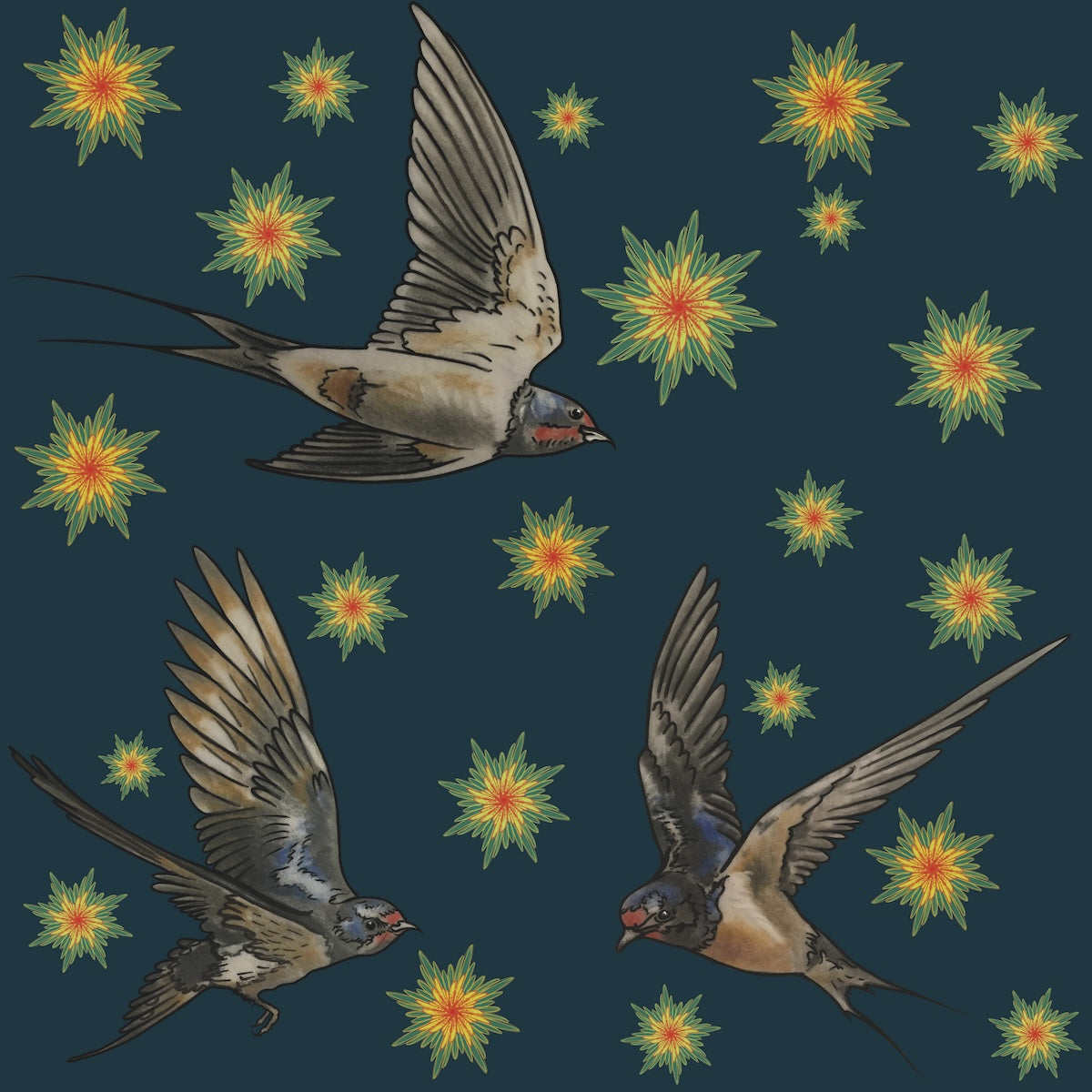 Swallows and Stars Fabric - Night